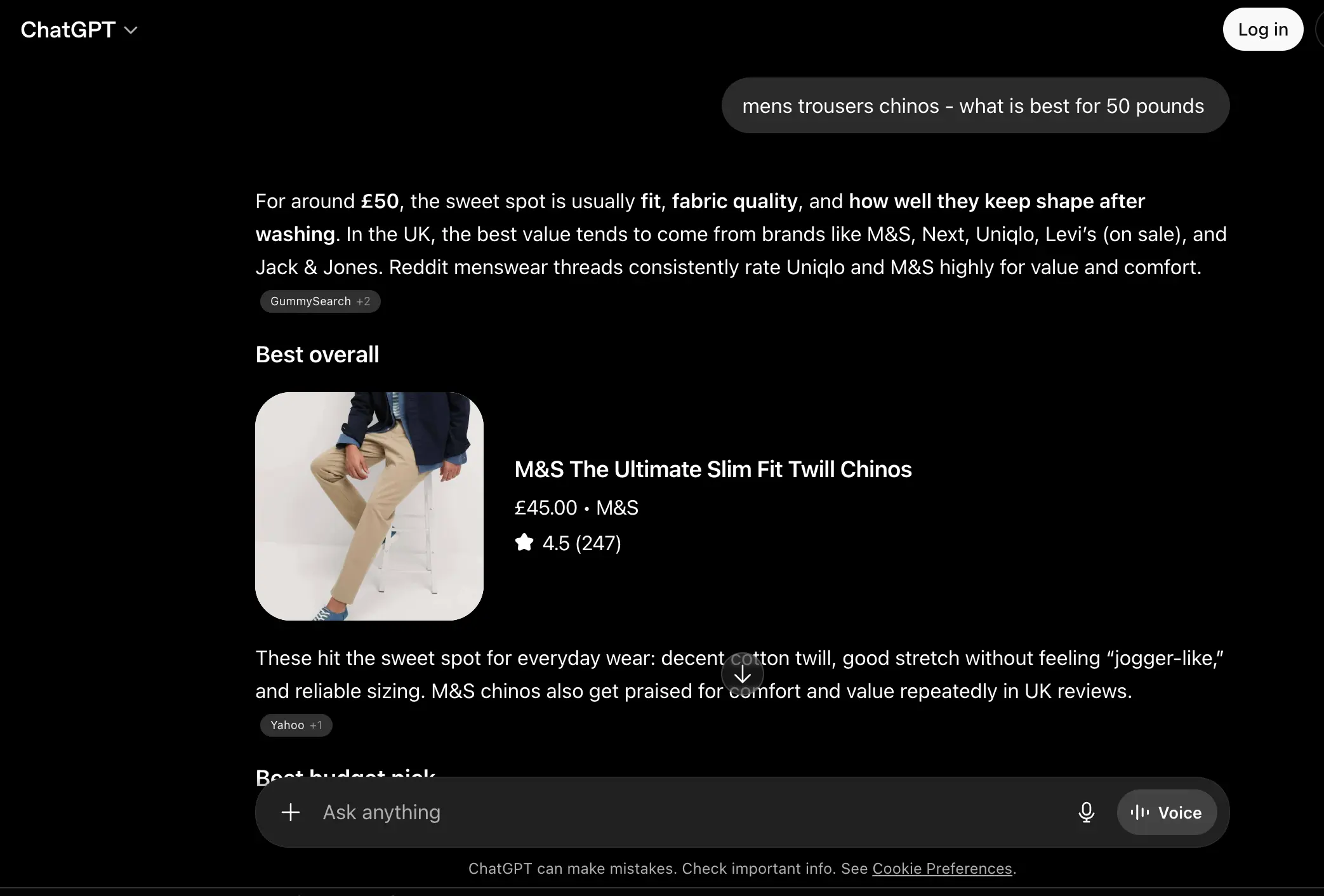 ChatGPT Shopping recommending M&S chinos in response to a natural-language query, illustrating how AI agents render product cards with image, brand, price, and rating