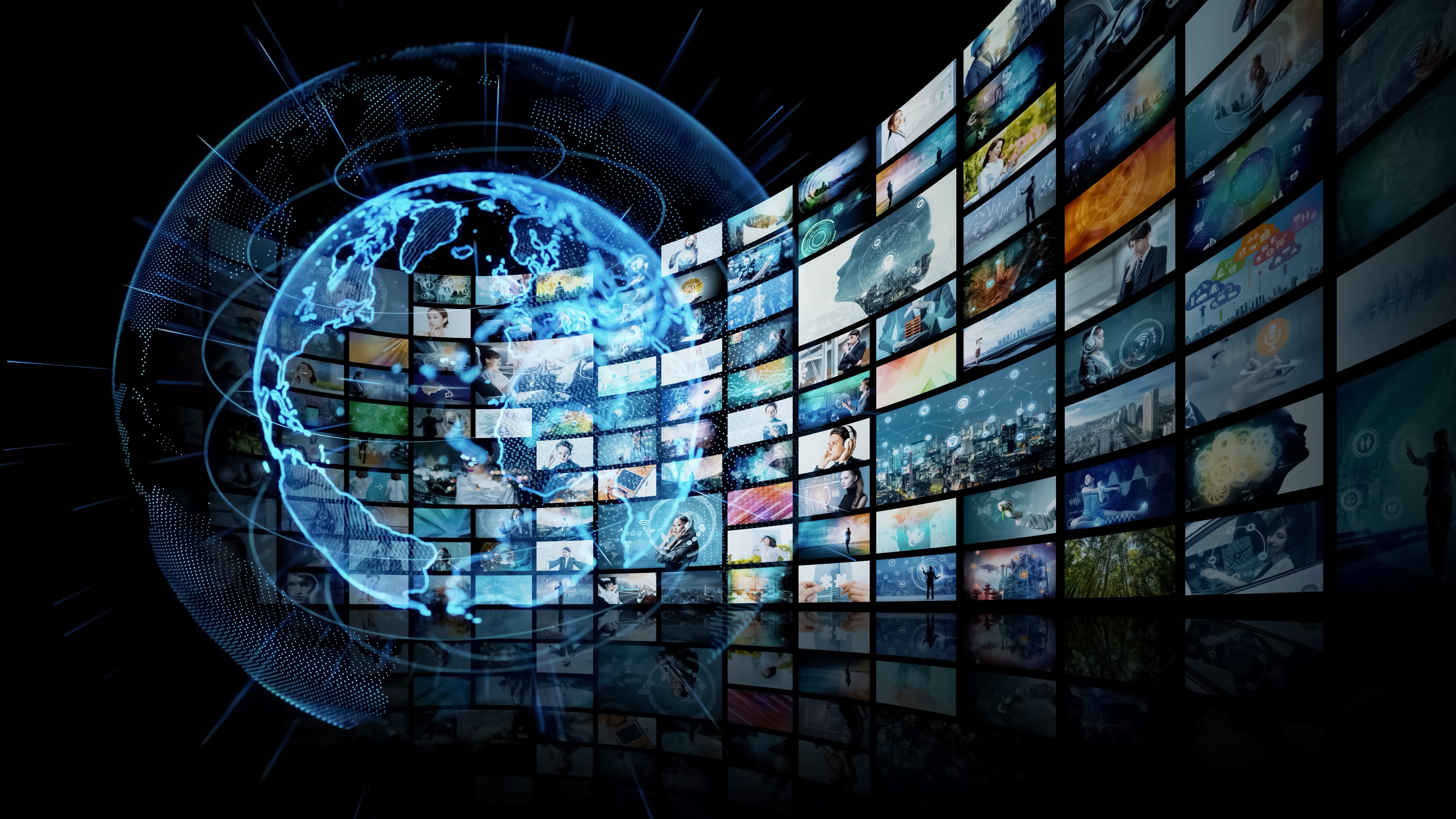 Digital media wall and global network, representing AI-driven product discovery
